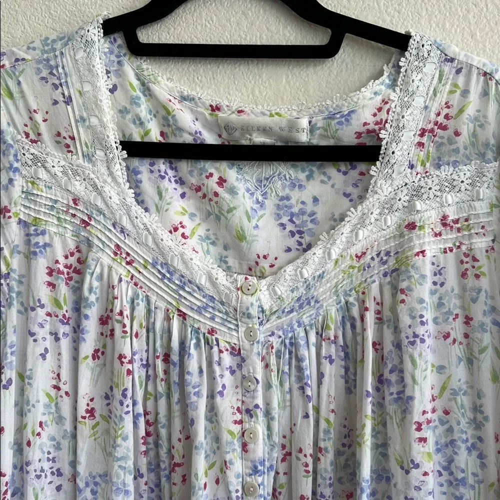 Eileen West Ballet Nightgown Cotton L-Sleeve Sweetheart Buttoned White Floral XL - Picture 6 of 14